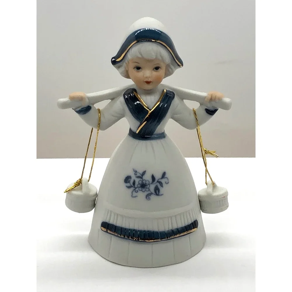 Vintage Dutch Girl Porcelain Bell Figurine Blue White Gold Gilt Water Carrier
